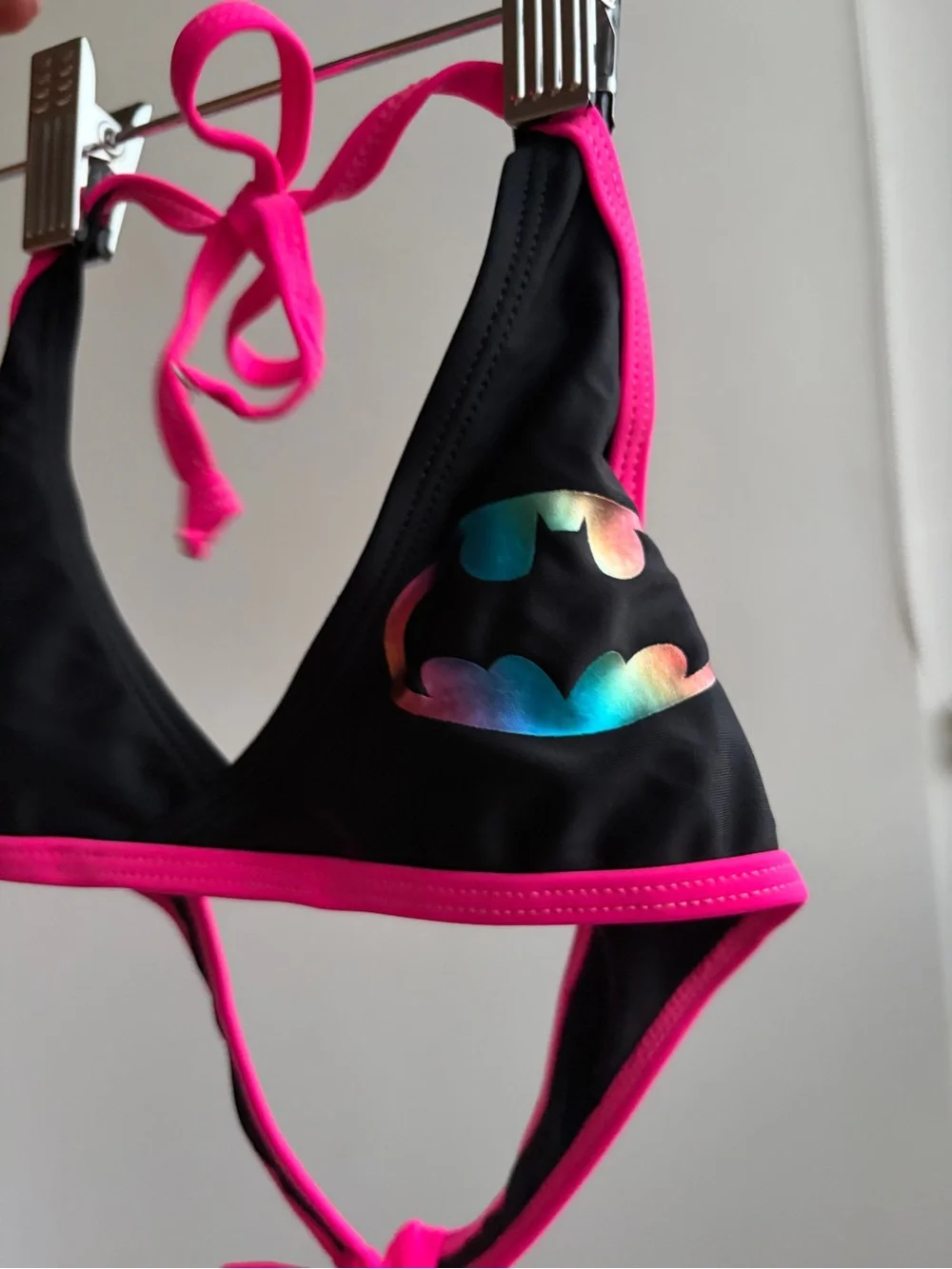 Girls Batman DC Comics Black & Neon Pink Triangle Swim Top with Holographic Logo